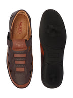 Shop Men Brown Laser Cut Design Roman Sandal with Buckle Strap Online.