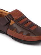 Shop Men Brown Laser Cut Design Roman Sandal with Buckle Strap Online.