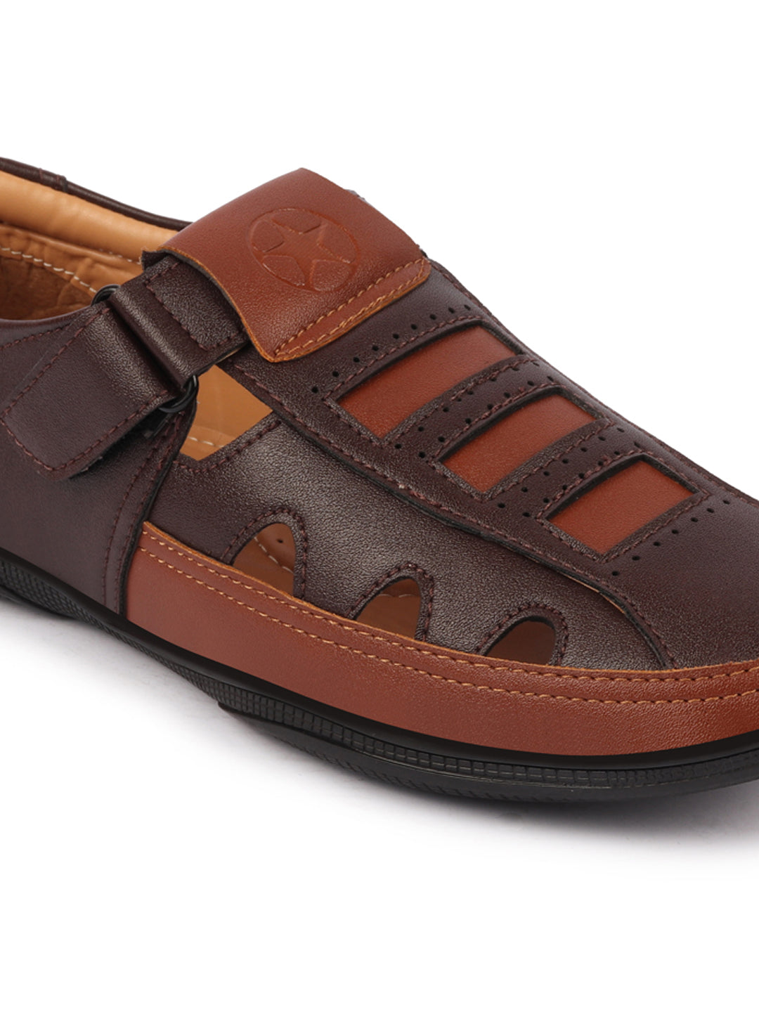 Shop Men Brown Laser Cut Design Roman Sandal with Buckle Strap Online.