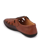 Shop Men Tan Laser Cut Design Roman Sandal with Buckle Strap Online.