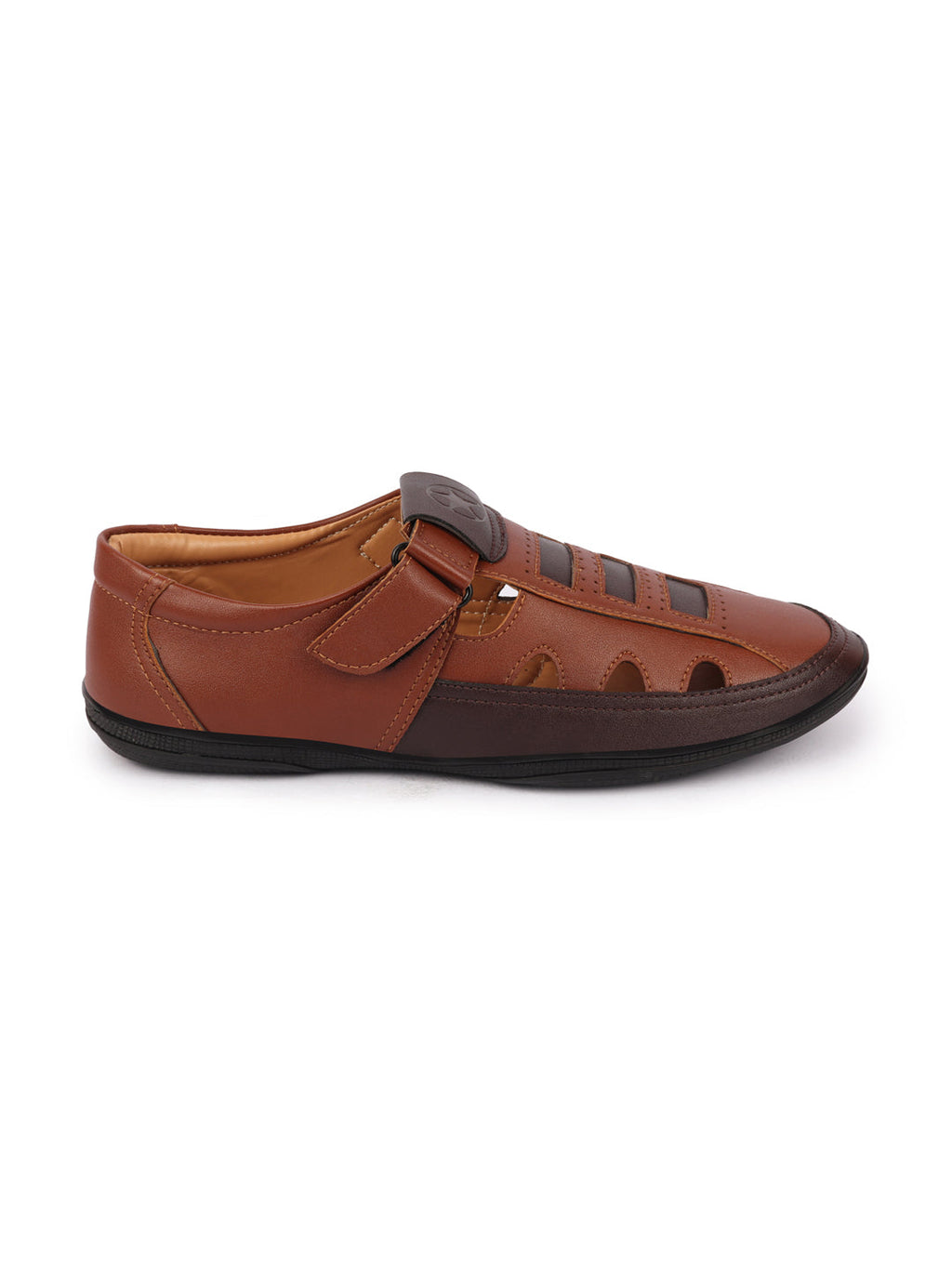 Shop Men Tan Laser Cut Design Roman Sandal with Buckle Strap Online.