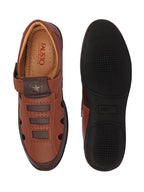 Shop Men Tan Laser Cut Design Roman Sandal with Buckle Strap Online.