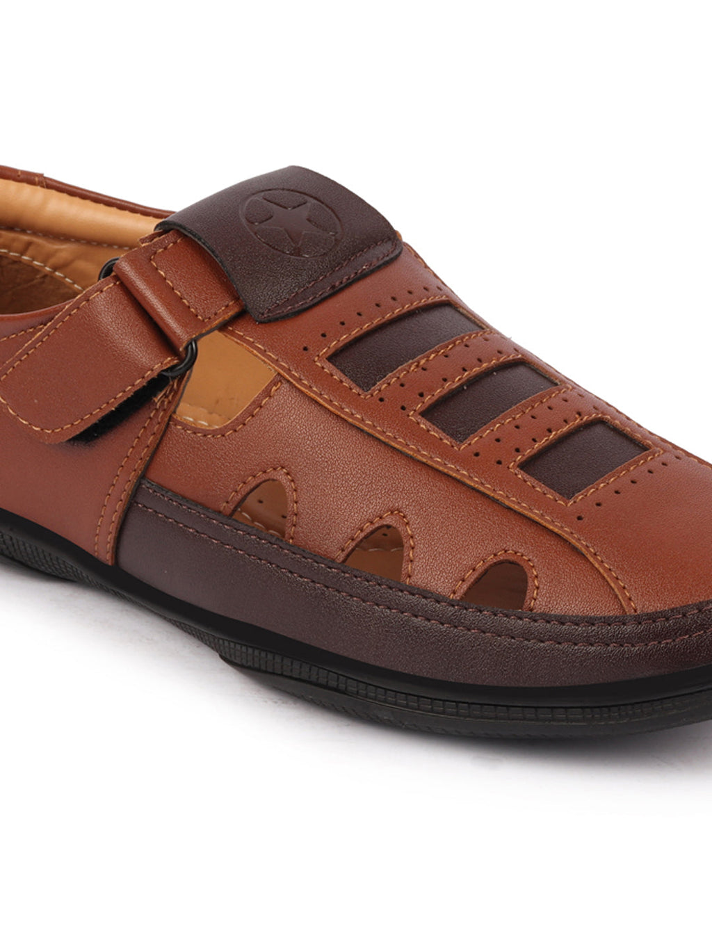 Shop Men Tan Laser Cut Design Roman Sandal with Buckle Strap Online.