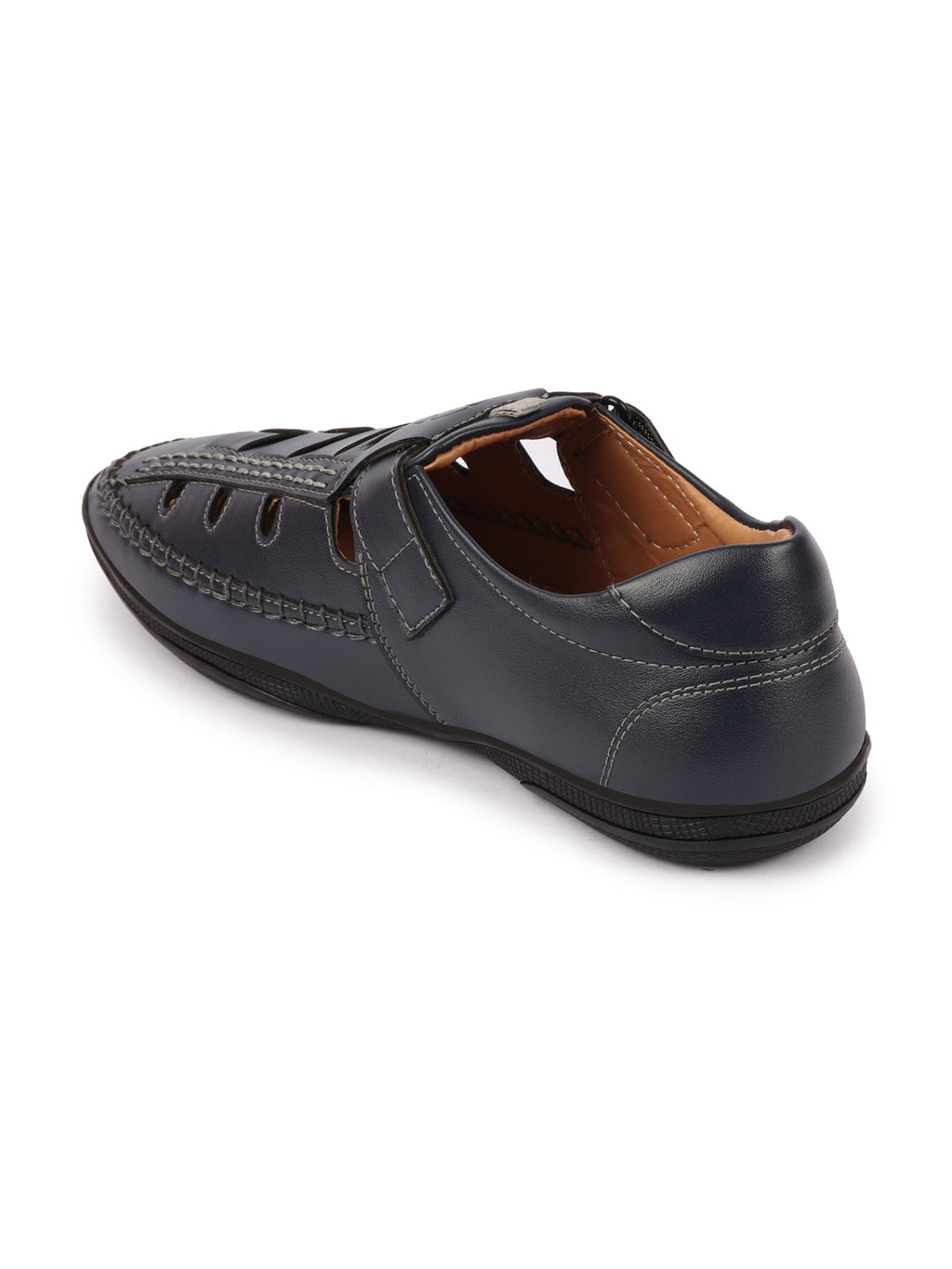 Shop Men Blue Open Sided Stitched Laser Cut Design Roman Sandals with Ankle Strap Online.