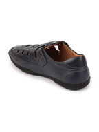 Shop Men Blue Open Sided Stitched Laser Cut Design Roman Sandals with Ankle Strap Online.