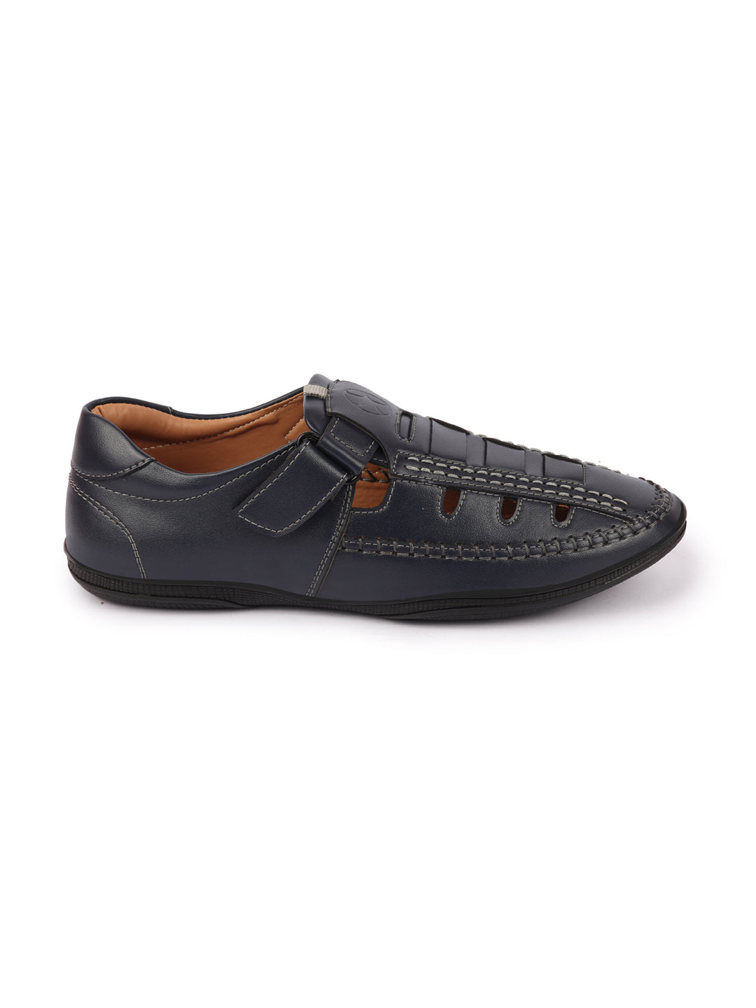 Shop Men Blue Open Sided Stitched Laser Cut Design Roman Sandals with Ankle Strap Online.