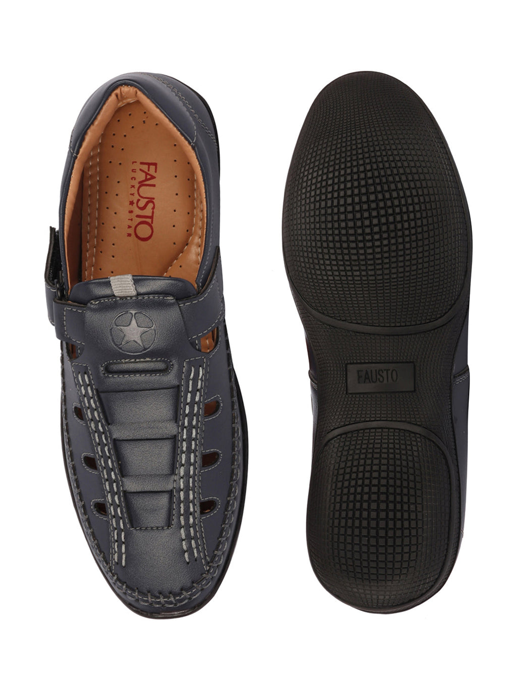 Shop Men Blue Open Sided Stitched Laser Cut Design Roman Sandals with Ankle Strap Online.