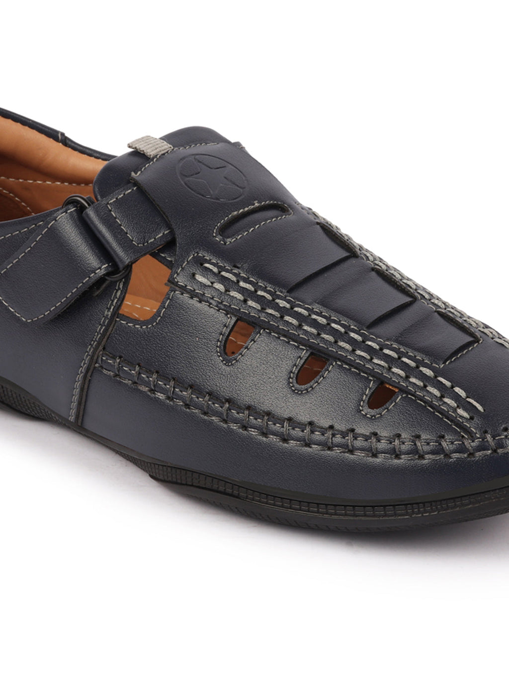 Shop Men Blue Open Sided Stitched Laser Cut Design Roman Sandals with Ankle Strap Online.