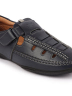 Shop Men Blue Open Sided Stitched Laser Cut Design Roman Sandals with Ankle Strap Online.