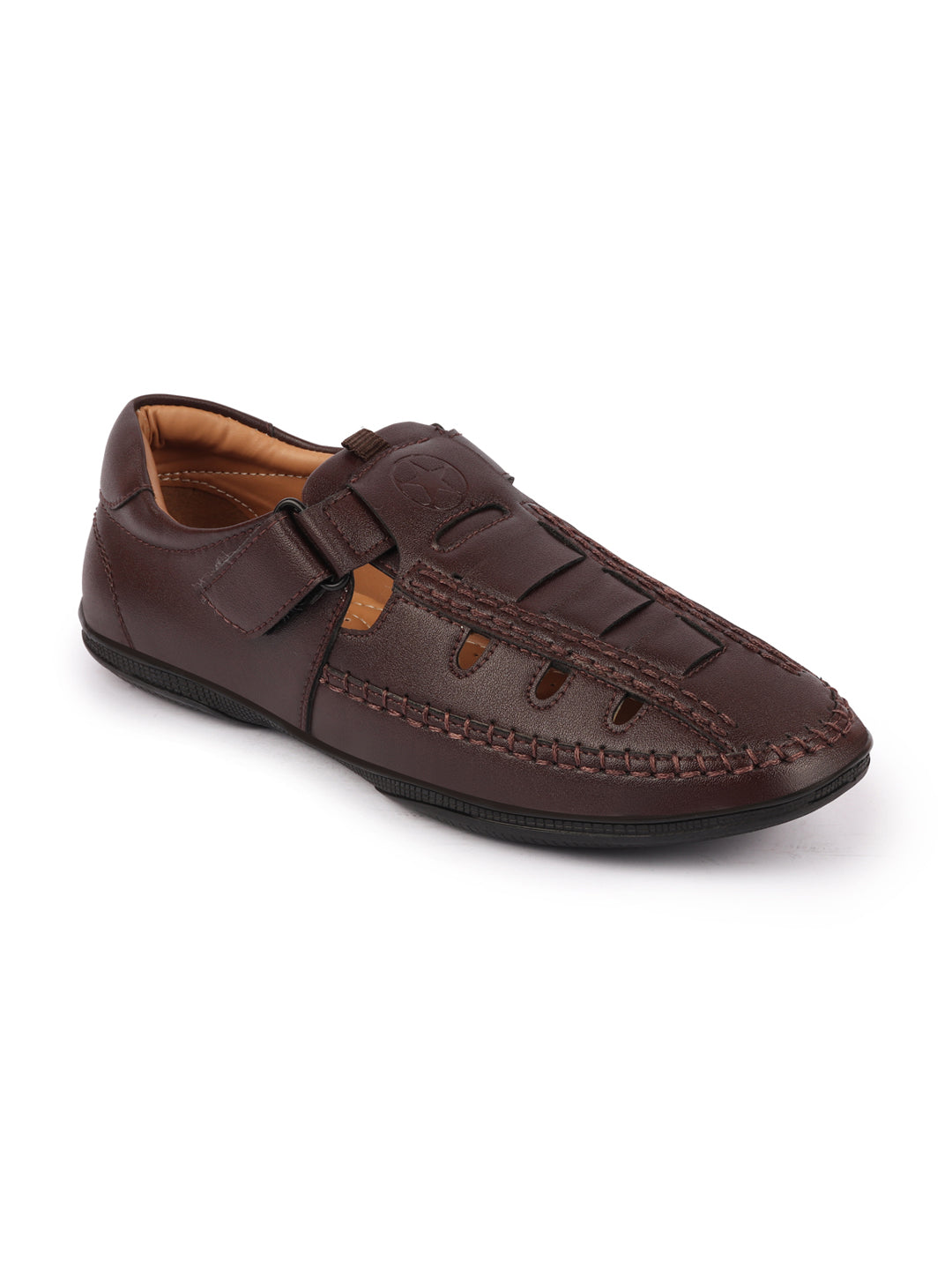 Shop Men Brown Open Sided Stitched Laser Cut Design Roman Sandals with Ankle Strap Online.
