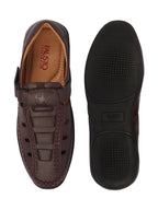 Shop Men Brown Open Sided Stitched Laser Cut Design Roman Sandals with Ankle Strap Online.