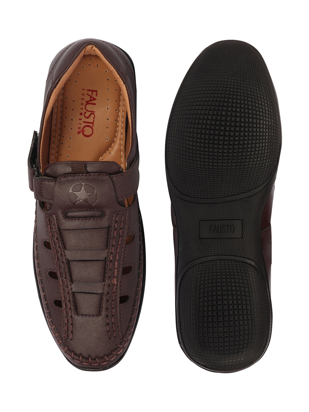 Shop Men Brown Open Sided Stitched Laser Cut Design Roman Sandals with Ankle Strap Online.
