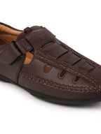 Shop Men Brown Open Sided Stitched Laser Cut Design Roman Sandals with Ankle Strap Online.
