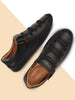 Men Black Stitched Design Roman Sandals with Ankle Strap