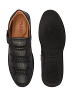 Shop Men Black Stitched Design Roman Sandals with Ankle Strap Online.