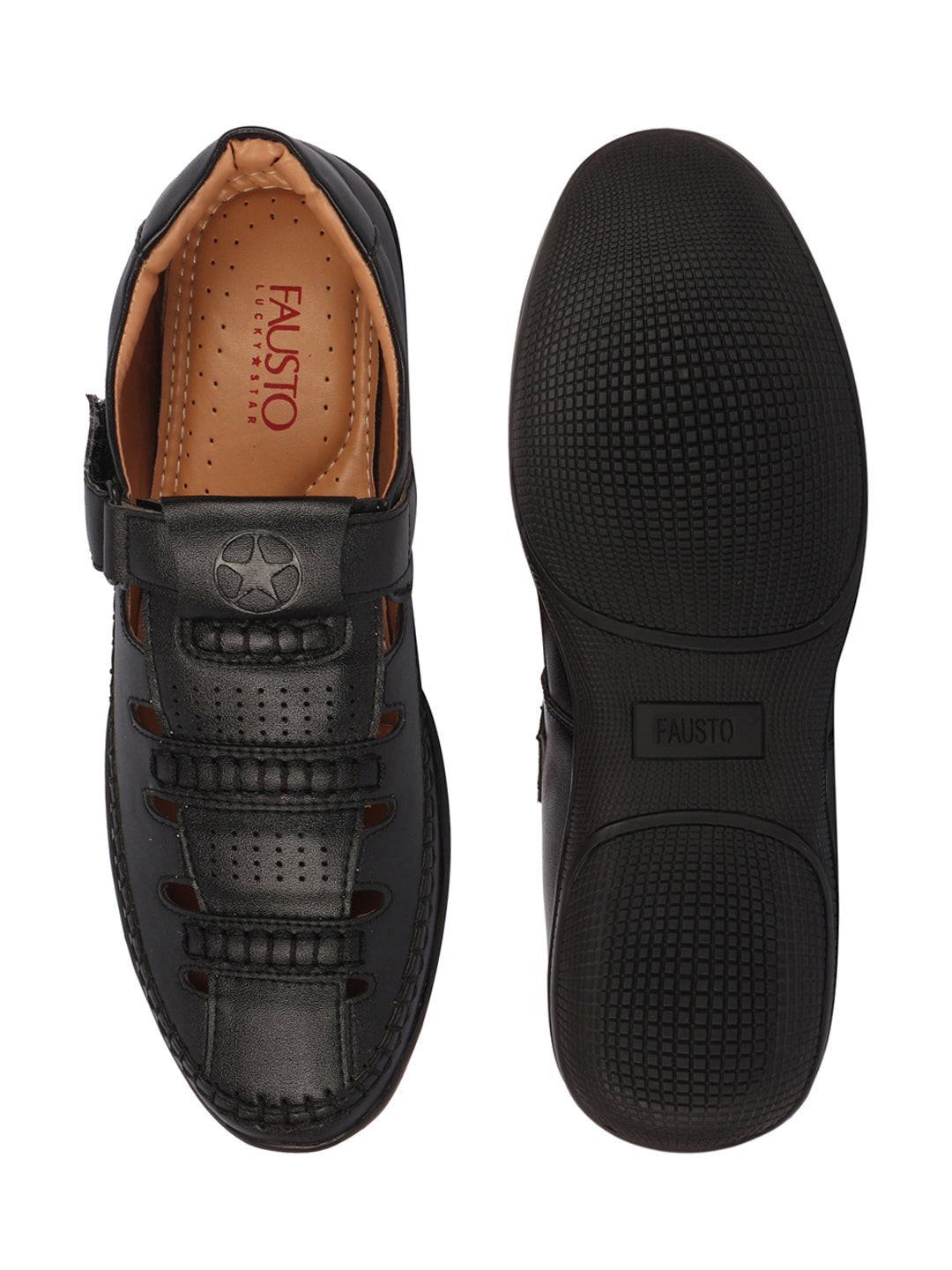 Shop Men Black Stitched Design Roman Sandals with Ankle Strap Online.