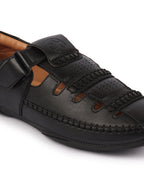 Shop Men Black Stitched Design Roman Sandals with Ankle Strap Online.