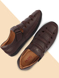 Men Brown Stitched Design Roman Sandals with Ankle Strap