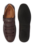 Shop Men Brown Stitched Design Roman Sandals with Ankle Strap Online.