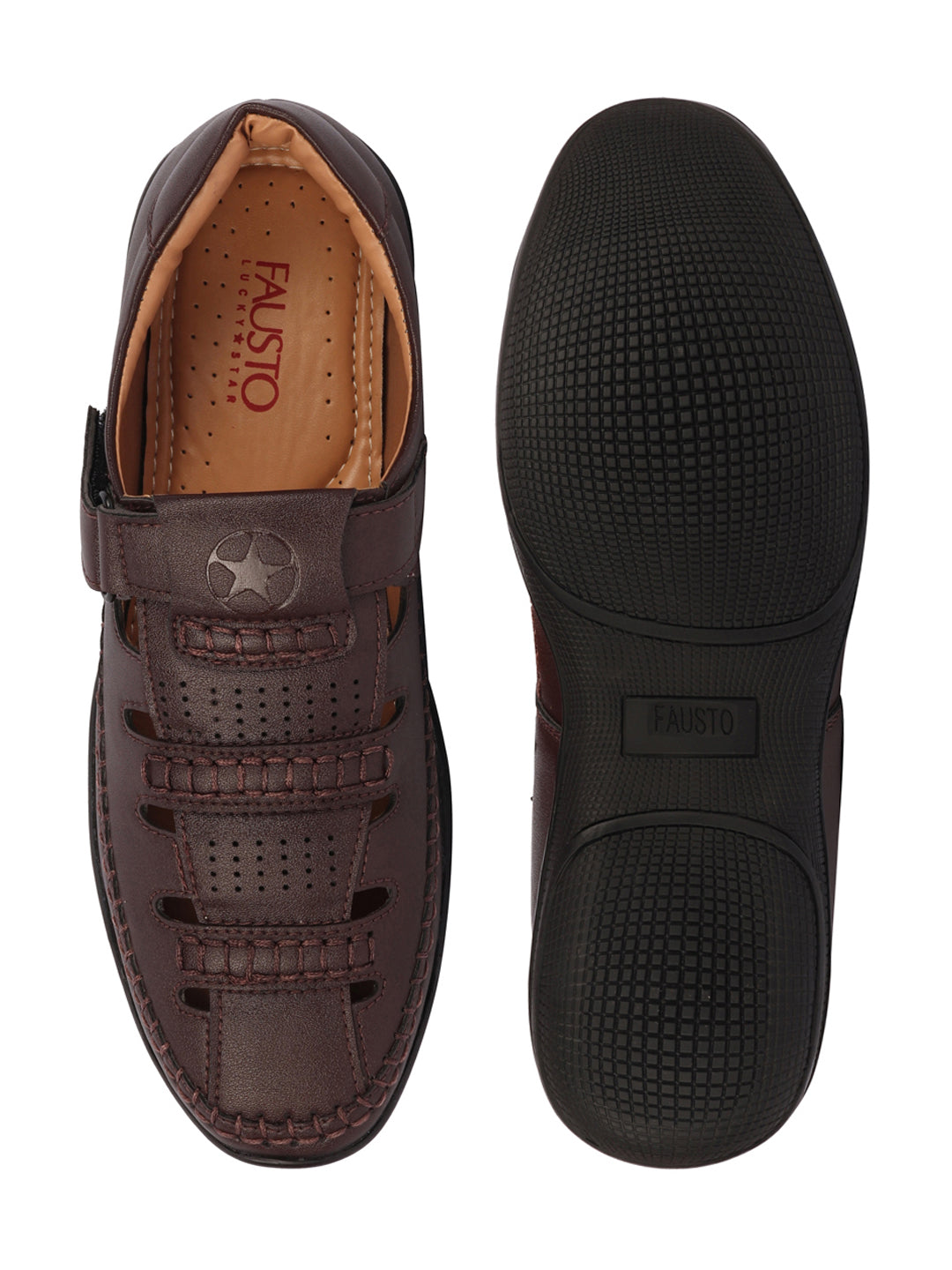 Shop Men Brown Stitched Design Roman Sandals with Ankle Strap Online.