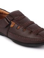 Shop Men Brown Stitched Design Roman Sandals with Ankle Strap Online.