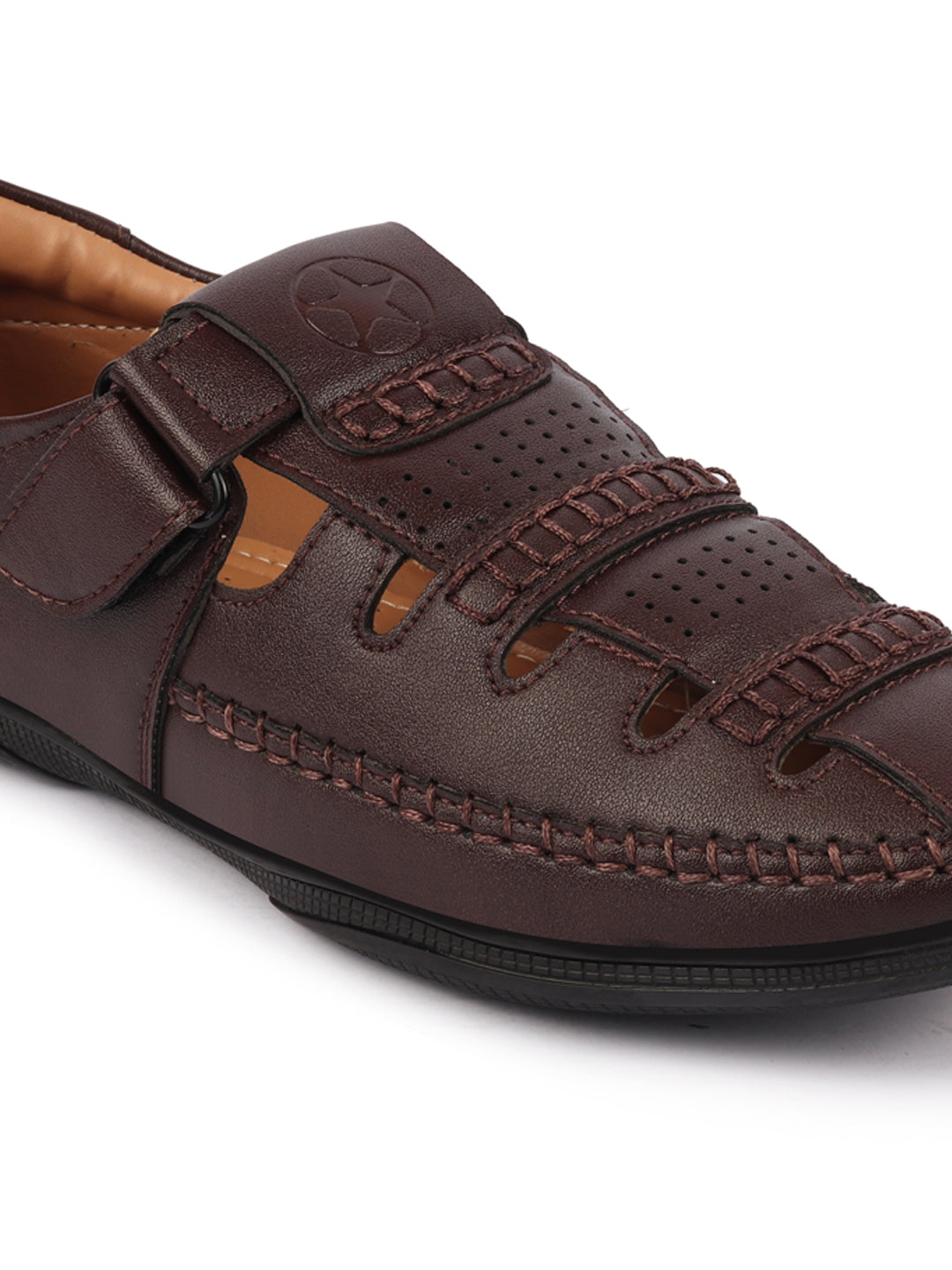 Shop Men Brown Stitched Design Roman Sandals with Ankle Strap Online.