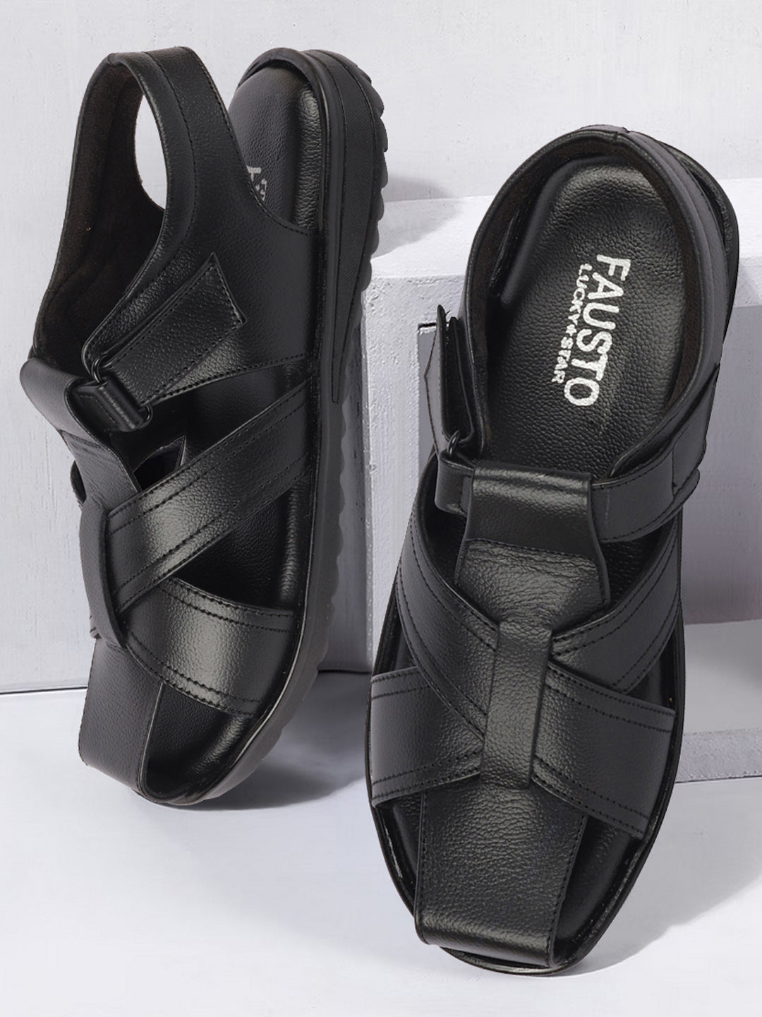 Buy Men Black Genuine Leather Fisherman Roman Sandals – FAUSTO.in