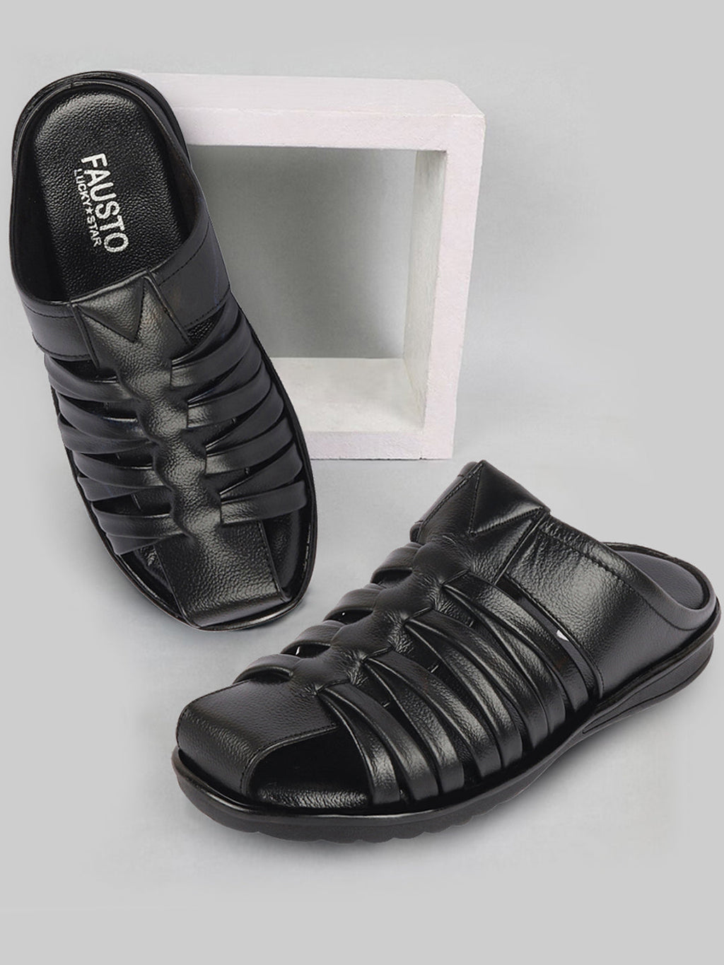 Shop Men Black Genuine Leather Criss Cross Strap Back Open Slip On Dress Sandals Online.