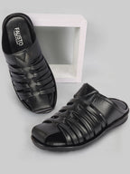 Shop Men Black Genuine Leather Criss Cross Strap Back Open Slip On Dress Sandals Online.