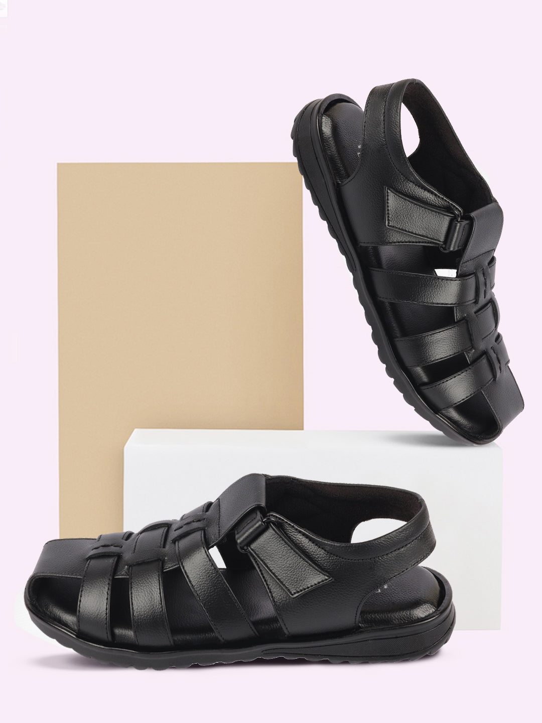 Shop Men Black Genuine Leather Multi Strap Closed Toe Roman Sandals Online.