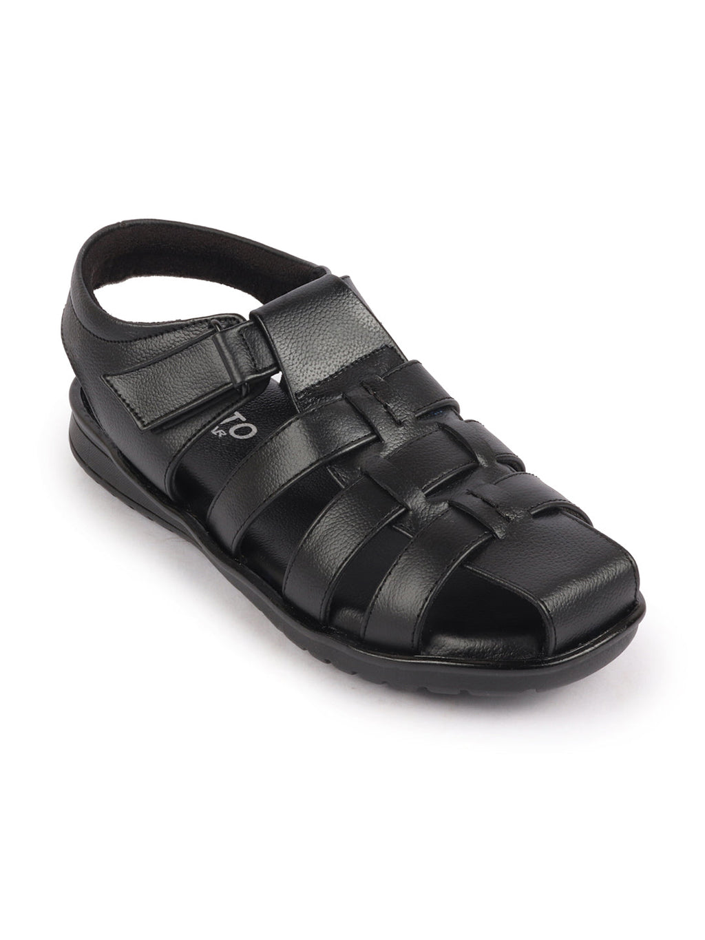 Shop Men Black Genuine Leather Multi Strap Closed Toe Roman Sandals Online.