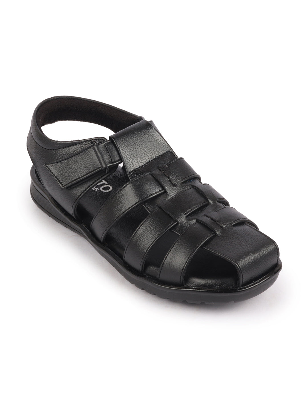Shop Men Black Genuine Leather Multi Strap Closed Toe Roman Sandals Online.