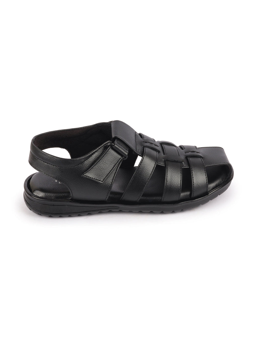 Shop Men Black Genuine Leather Multi Strap Closed Toe Roman Sandals Online.