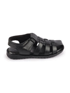 Shop Men Black Genuine Leather Multi Strap Closed Toe Roman Sandals Online.