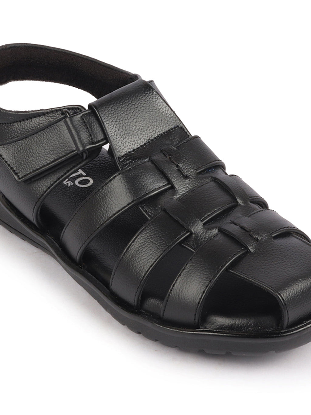 Shop Men Black Genuine Leather Multi Strap Closed Toe Roman Sandals Online.