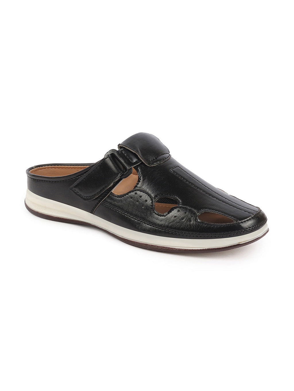 Shop Men Black Casual Back Open Perforated Day Long Comfort Slip On Sandals Online.