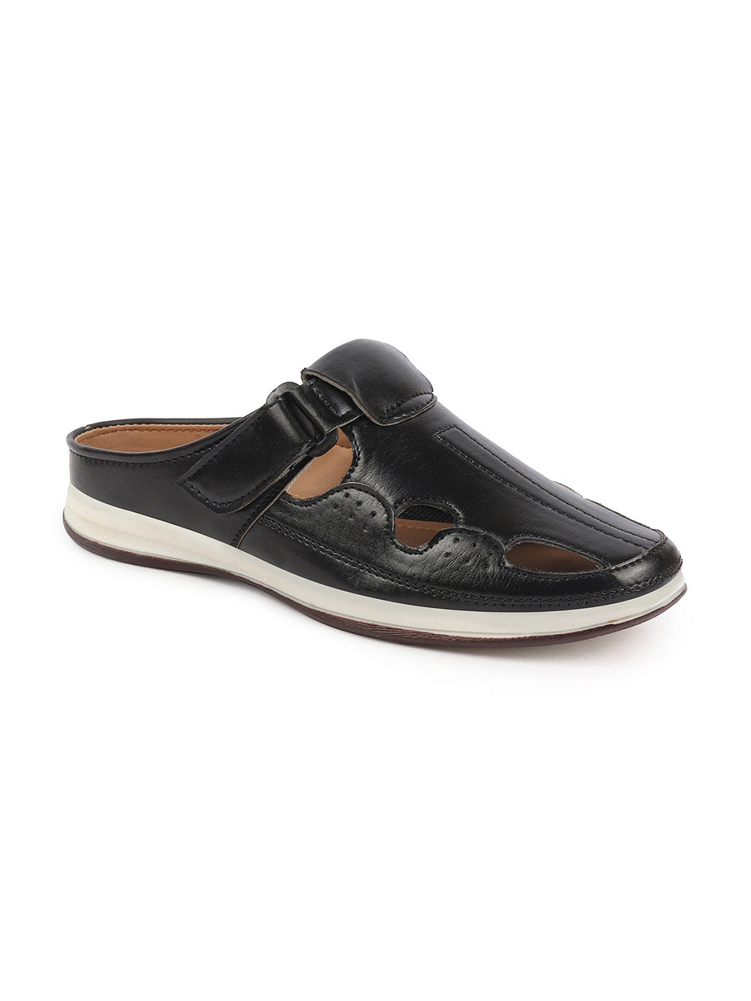 Shop Men Black Casual Back Open Perforated Day Long Comfort Slip On Sandals Online.