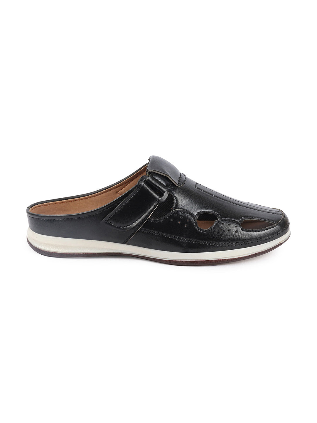 Shop Men Black Casual Back Open Perforated Day Long Comfort Slip On Sandals Online.