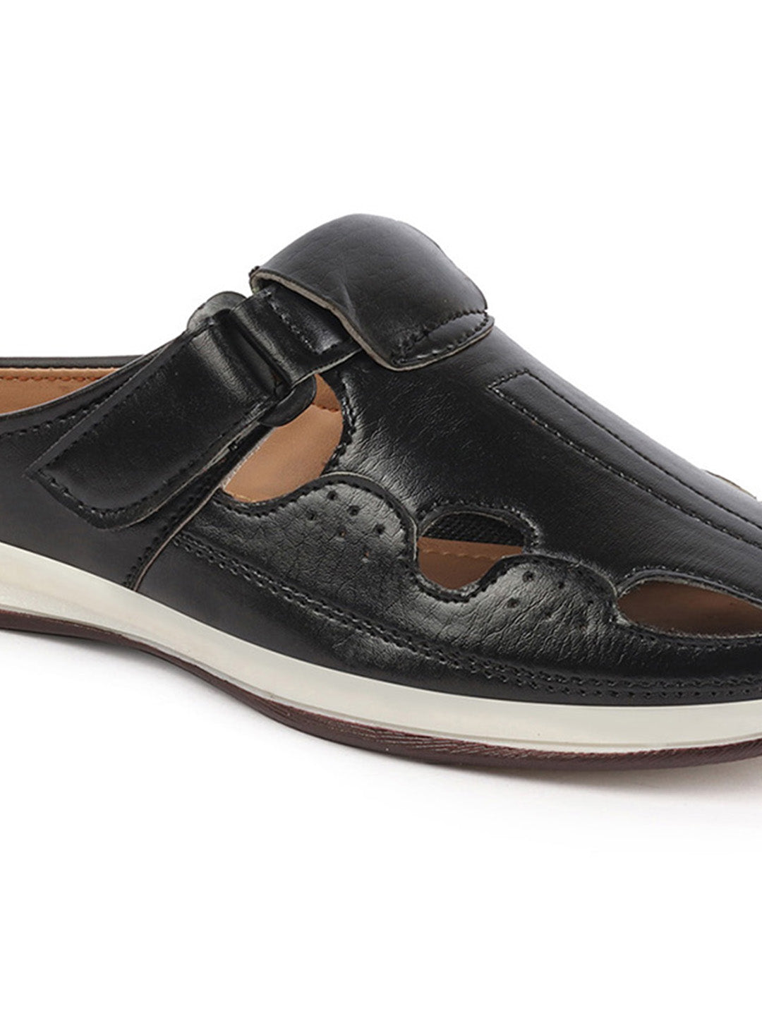 Shop Men Black Casual Back Open Perforated Day Long Comfort Slip On Sandals Online.