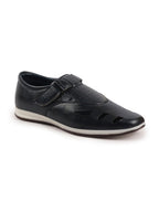 Shop Men Blue Laser Cut Design Perforated Day Long Comfort Hook and Loop Sandals Online.