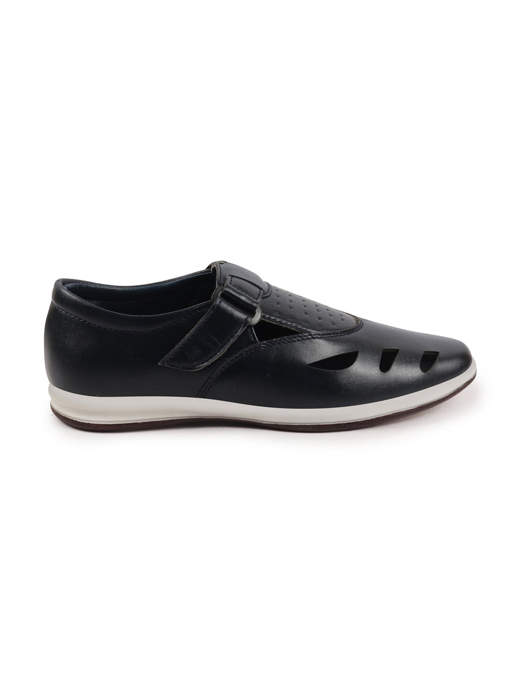 Shop Men Blue Laser Cut Design Perforated Day Long Comfort Hook and Loop Sandals Online.
