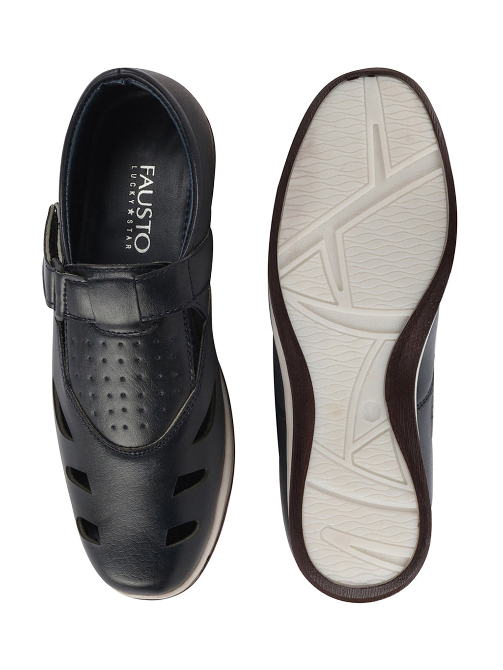 Shop Men Blue Laser Cut Design Perforated Day Long Comfort Hook and Loop Sandals Online.