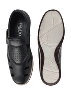 Shop Men Blue Laser Cut Design Perforated Day Long Comfort Hook and Loop Sandals Online.