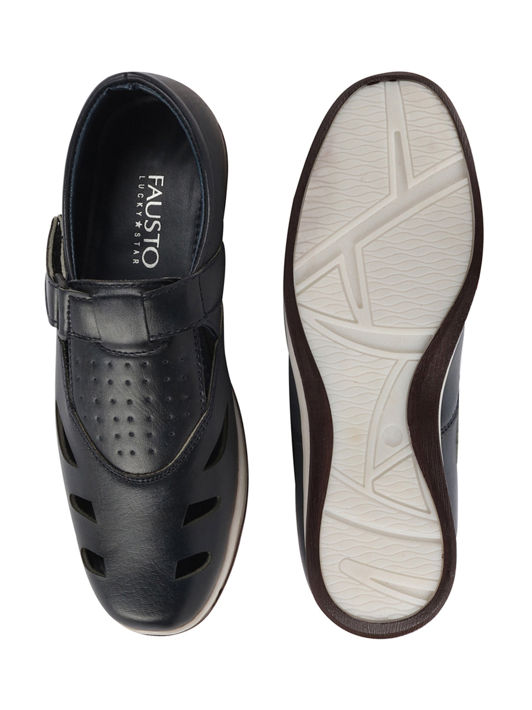 Shop Men Blue Laser Cut Design Perforated Day Long Comfort Hook and Loop Sandals Online.