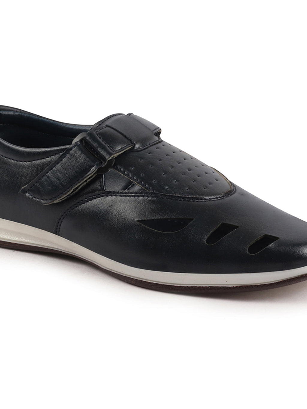 Shop Men Blue Laser Cut Design Perforated Day Long Comfort Hook and Loop Sandals Online.