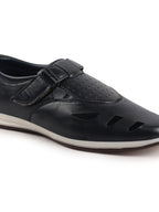 Shop Men Blue Laser Cut Design Perforated Day Long Comfort Hook and Loop Sandals Online.
