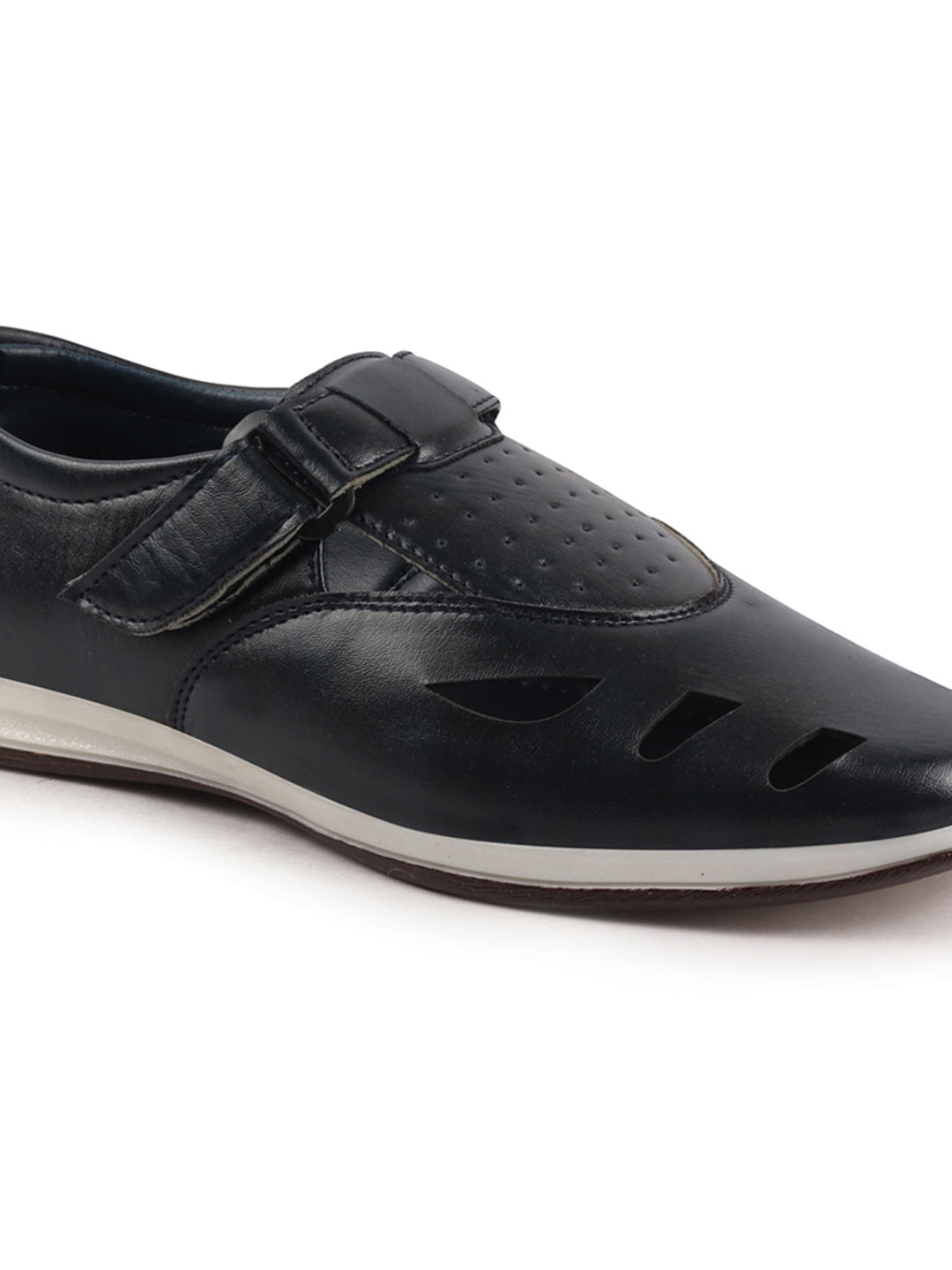 Shop Men Blue Laser Cut Design Perforated Day Long Comfort Hook and Loop Sandals Online.