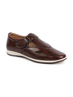 Shop Men Brown Laser Cut Design Perforated Day Long Comfort Hook and Loop Sandals Online.