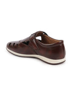 Shop Men Brown Laser Cut Design Perforated Day Long Comfort Hook and Loop Sandals Online.