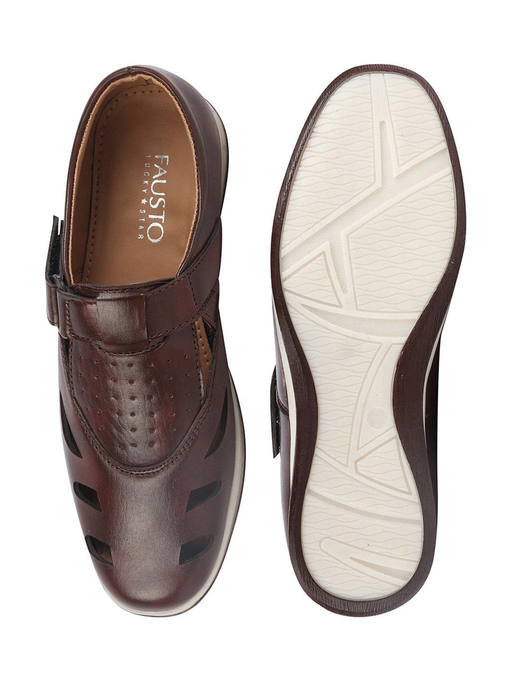 Shop Men Brown Laser Cut Design Perforated Day Long Comfort Hook and Loop Sandals Online.